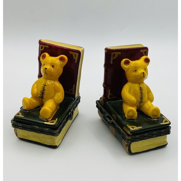 Vintage Teddy Bear Book End Treasure Trinket Boxes Mini Ceramic Hinged Lot of 2 - Picture 2 of 8